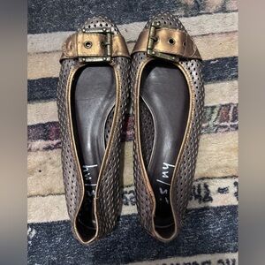 Seychelles Taupe Perforated Flats with Bronze Buckle